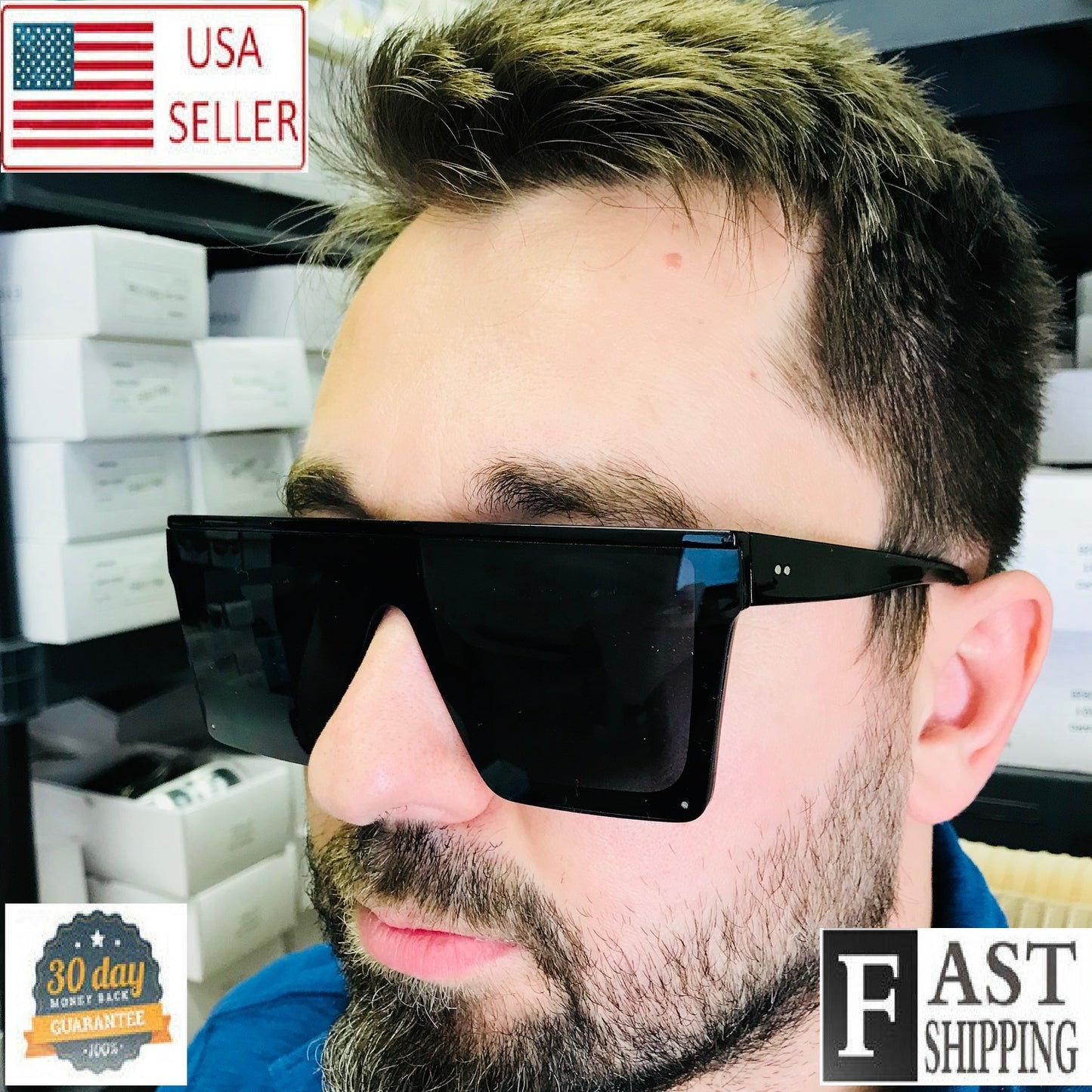Fashion Oversize Flat Black Lens Square Big Shield Oversize Sunglasses Men Women
